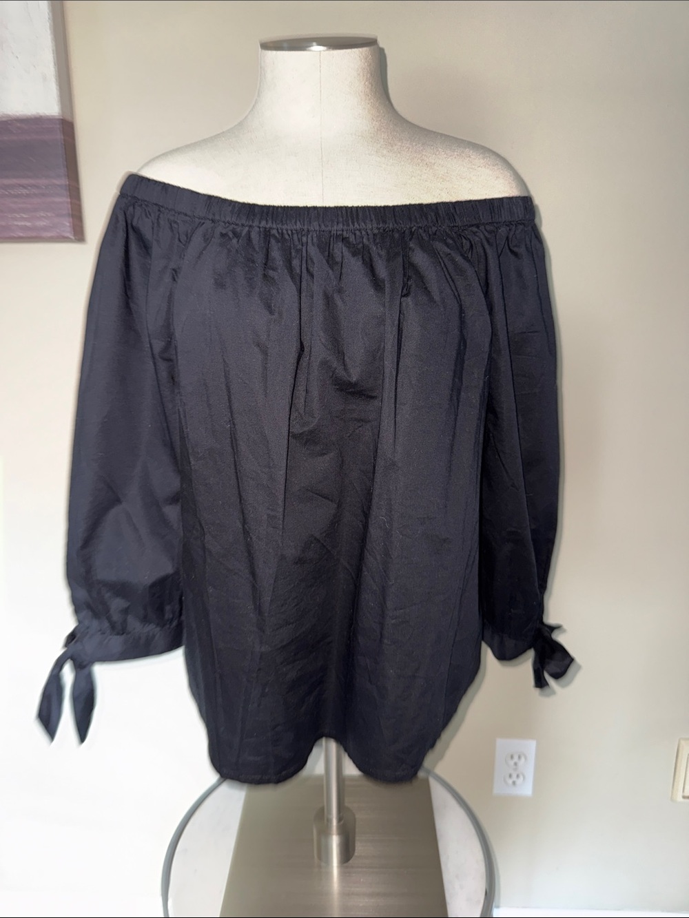 LOFT Black Off-Shoulder Blouse with Tie Sleeve Cuffs